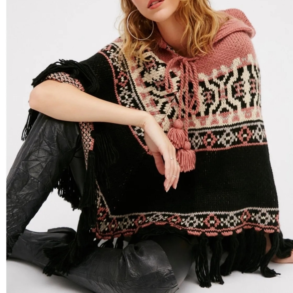Free People High Life Fair Isle Poncho Boho Fringe Oversized Knit Shrug One Size